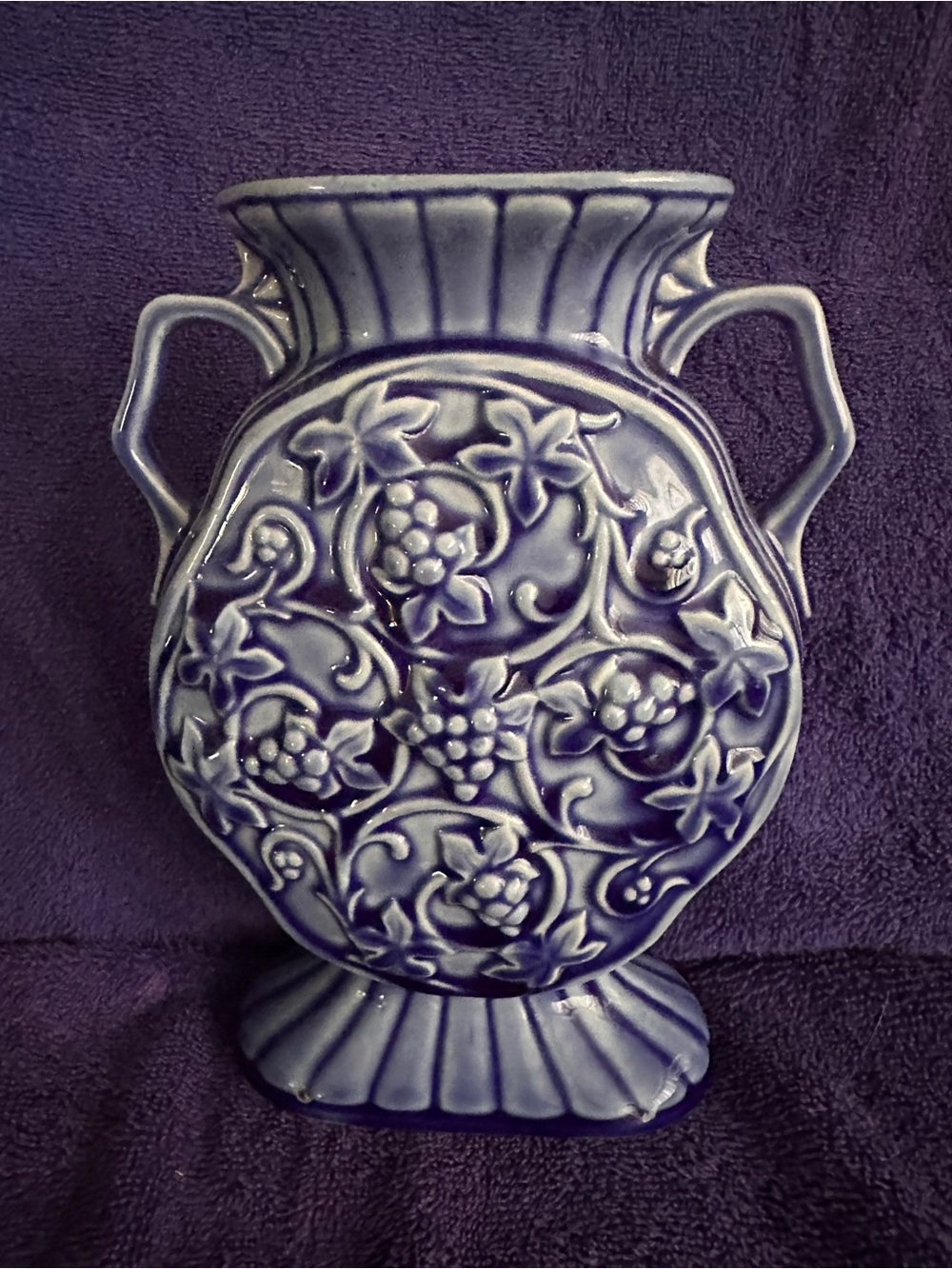 VTG. Ceramic Pottery 2-handled Vase Blue w/Grape Pattern Germany
